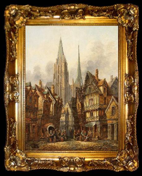 framed  Pieter Cornelis Dommersen Blick auf gotischen Dom in mittelalterlicher Stadt, ta009-2